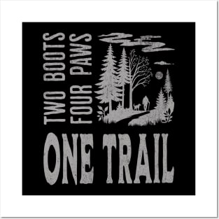 Hiking Trail T-Shirt - Man and Dog Adventure | Outdoors, Nature, Trekking Tee- 2 boots, 4 paws, 1 trail Posters and Art